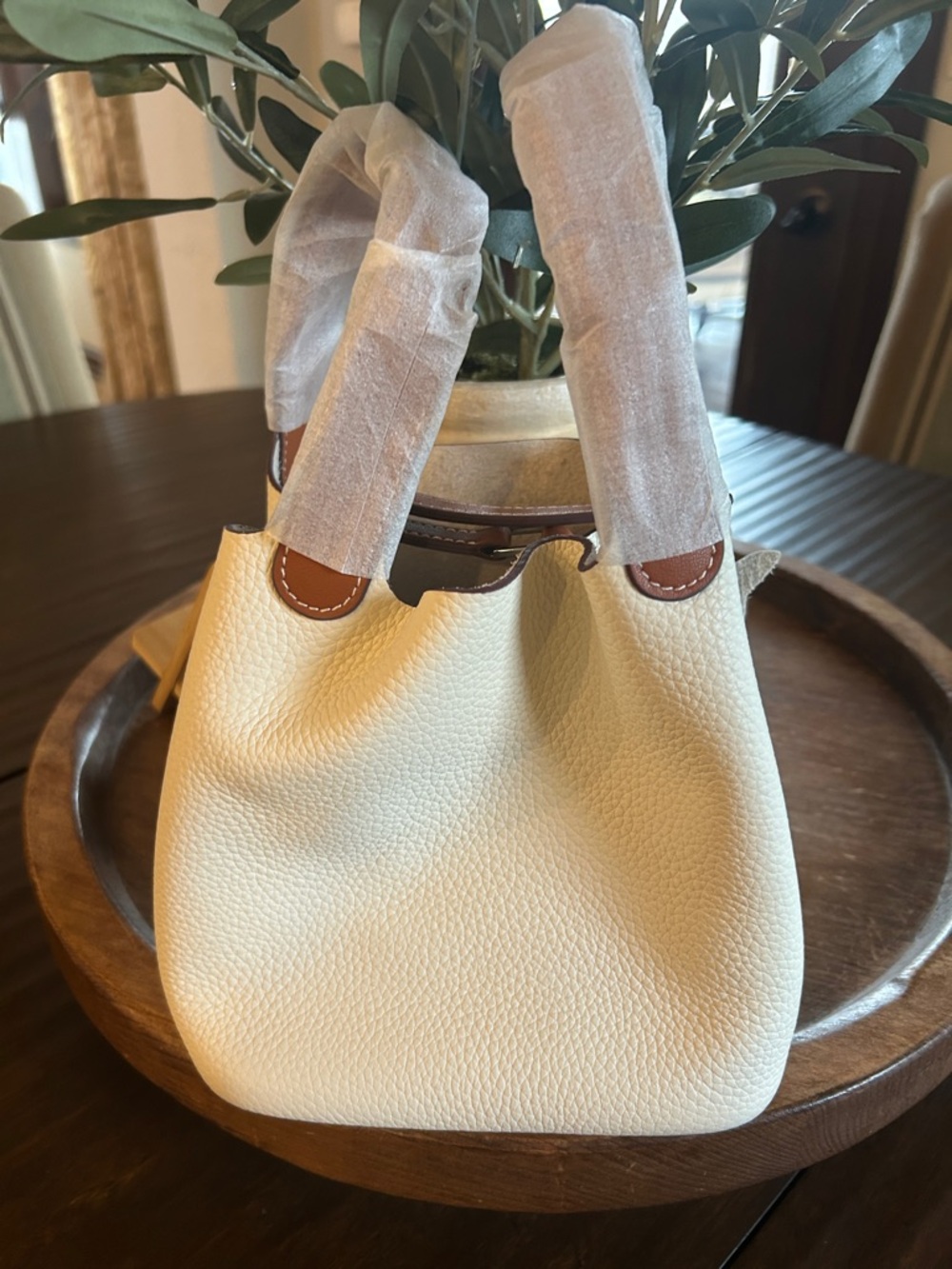Cream Pebbled Shoulder Bag with Brown Trim